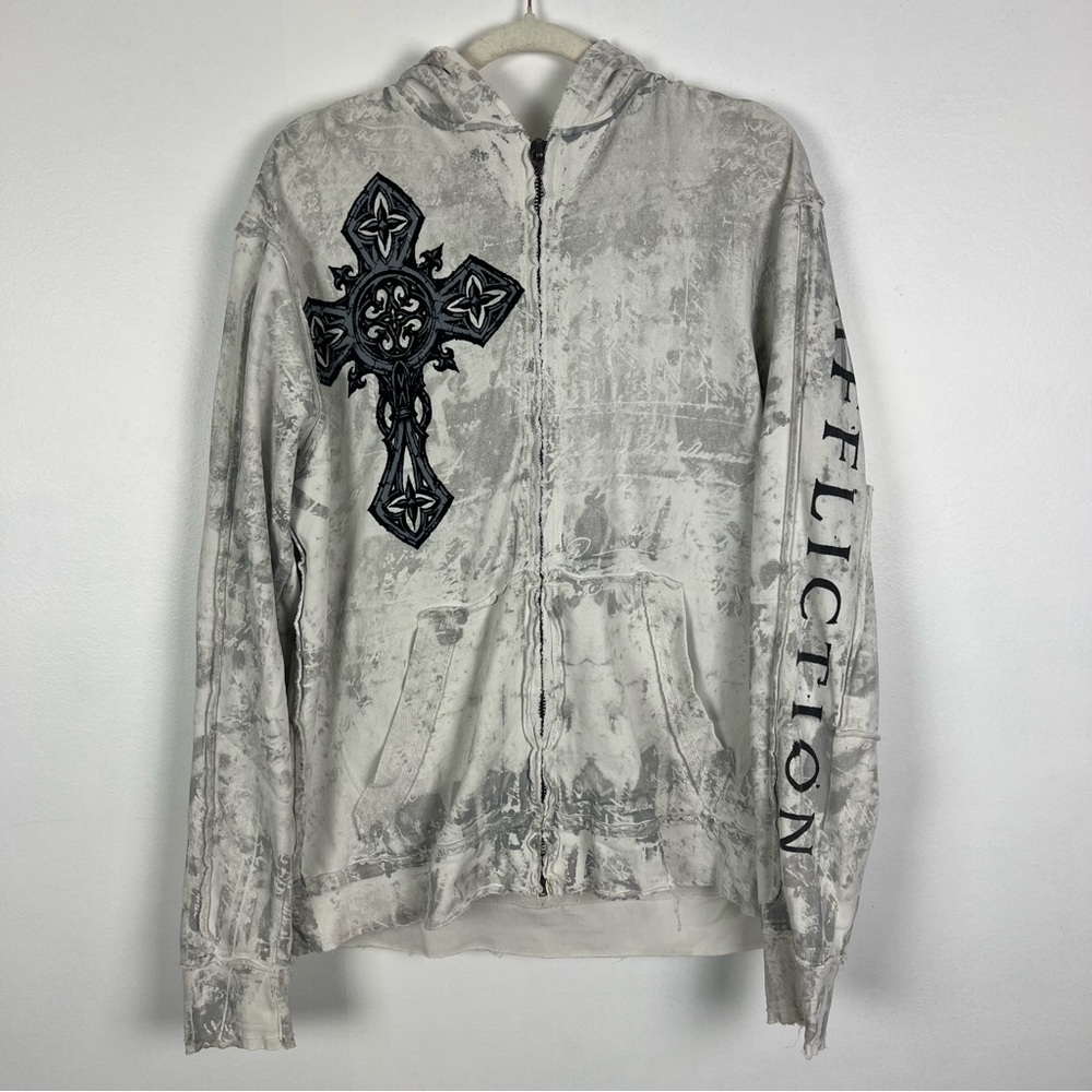 Affliction Vintage Full Zip Hoodie Cross Wings Distressed Gray White Size Large